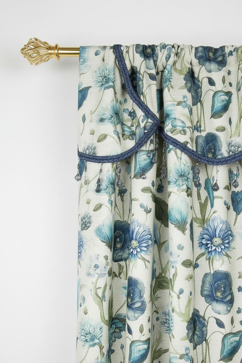 ELIZA Crepe  Pattern Panel Curtain w attached lace valance BLUE