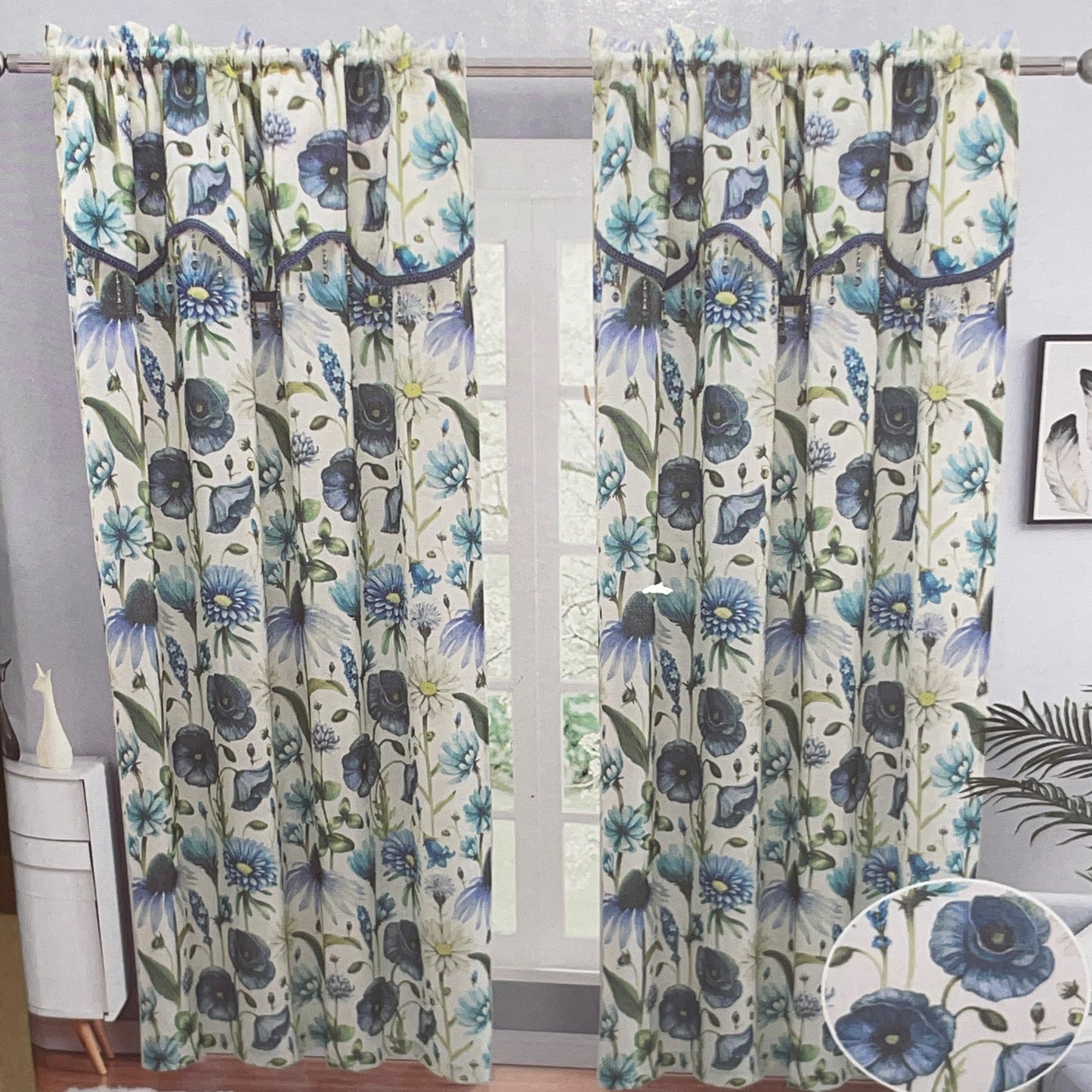 ELIZA Crepe  Pattern Panel Curtain w attached lace valance BLUE