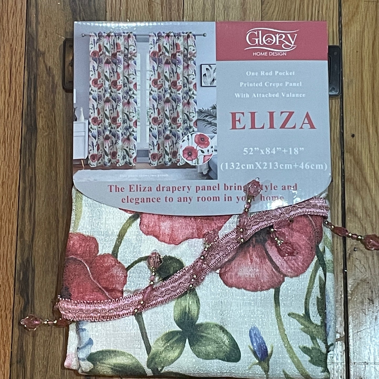 ELIZA Crepe  Pattern Panel Curtain w attached lace valance PINK