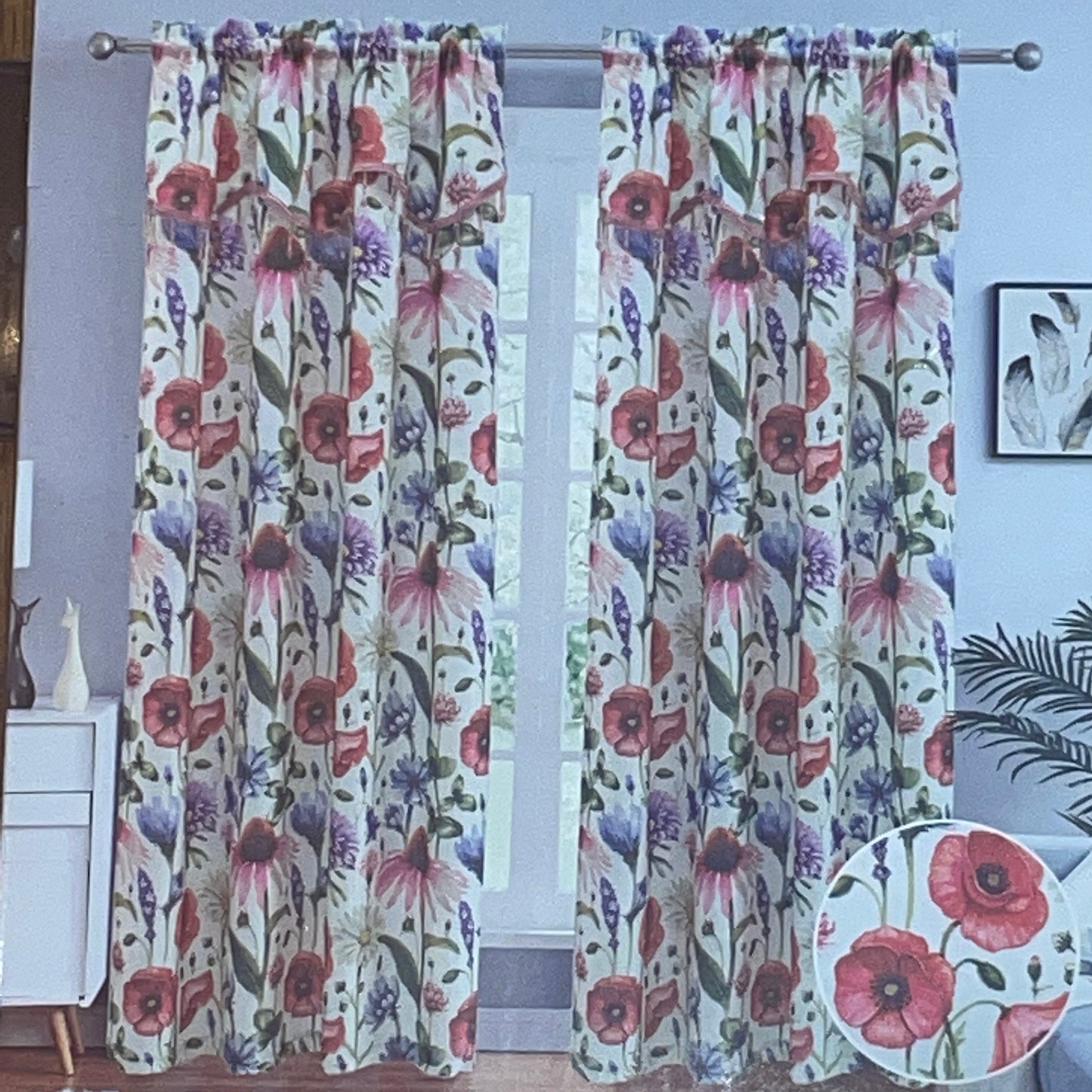 ELIZA Crepe  Pattern Panel Curtain w attached lace valance PINK