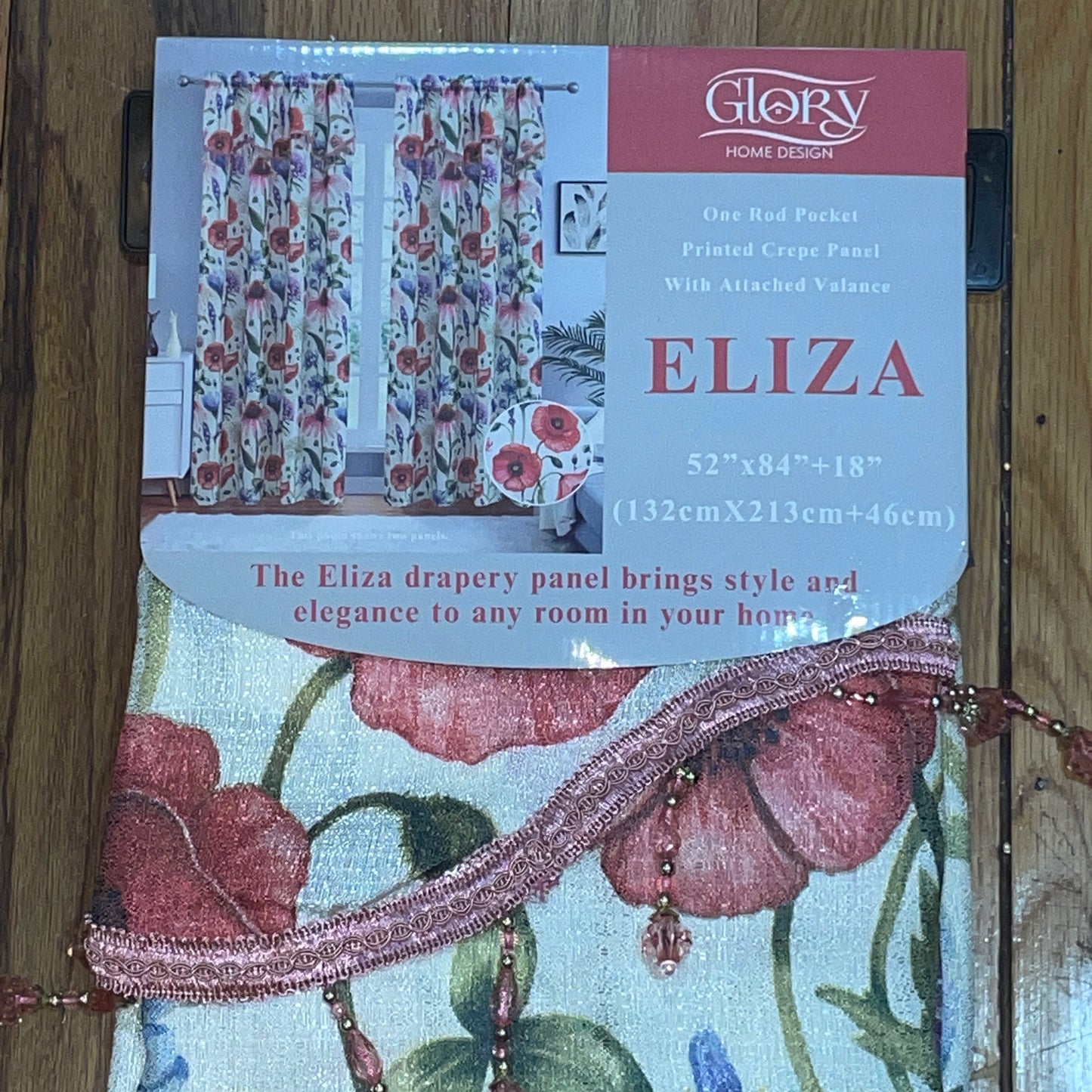ELIZA Crepe  Pattern Panel Curtain w attached lace valance PINK