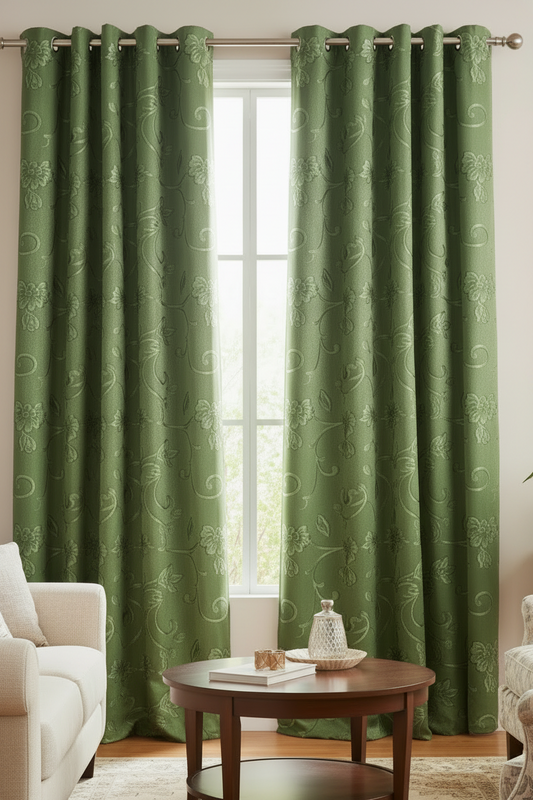 DANIELLE - FLOWER GREEN Grommet Panel Curtain BLACK OUT GREEN