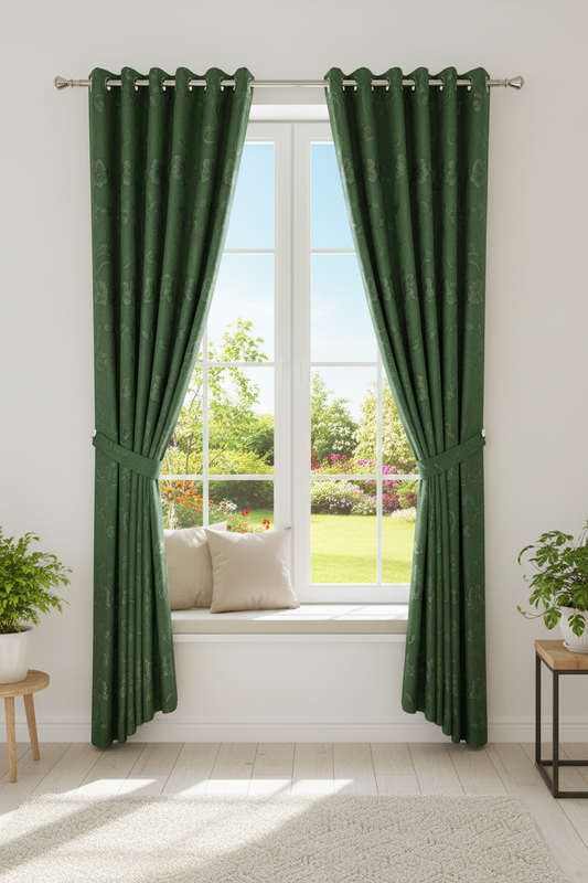 DANIELLE - FLOWER GREEN Grommet Panel Curtain BLACK OUT GREEN