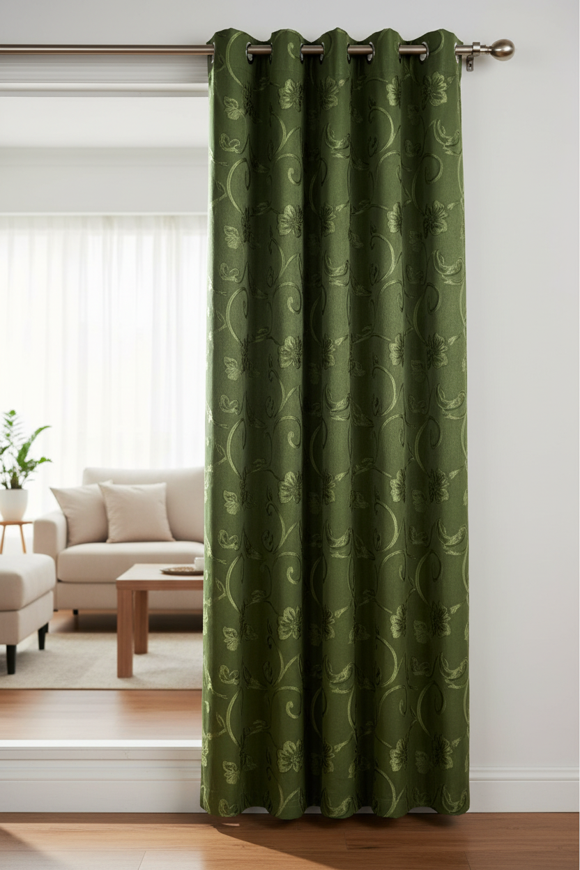 DANIELLE - FLOWER GREEN Grommet Panel Curtain BLACK OUT GREEN