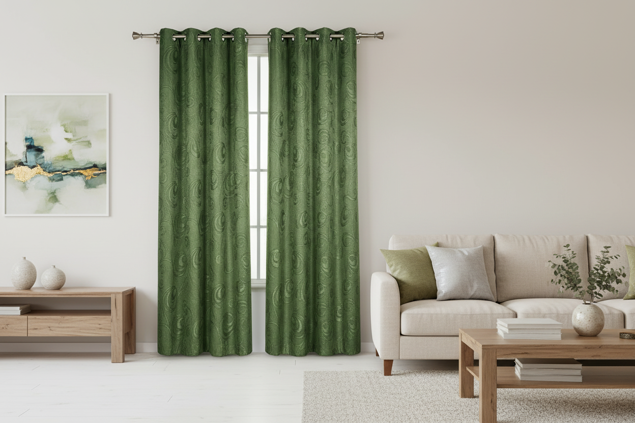 DANIELLE - CIRCLE SWIRL Grommet Panel Curtain BLACK OUT GREEN