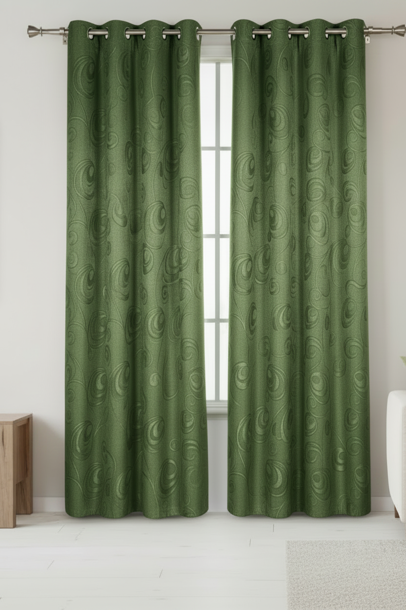 DANIELLE - CIRCLE SWIRL Grommet Panel Curtain BLACK OUT GREEN