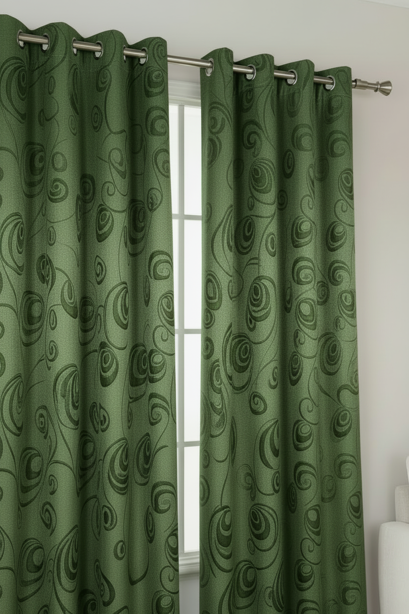 DANIELLE - CIRCLE SWIRL Grommet Panel Curtain BLACK OUT GREEN