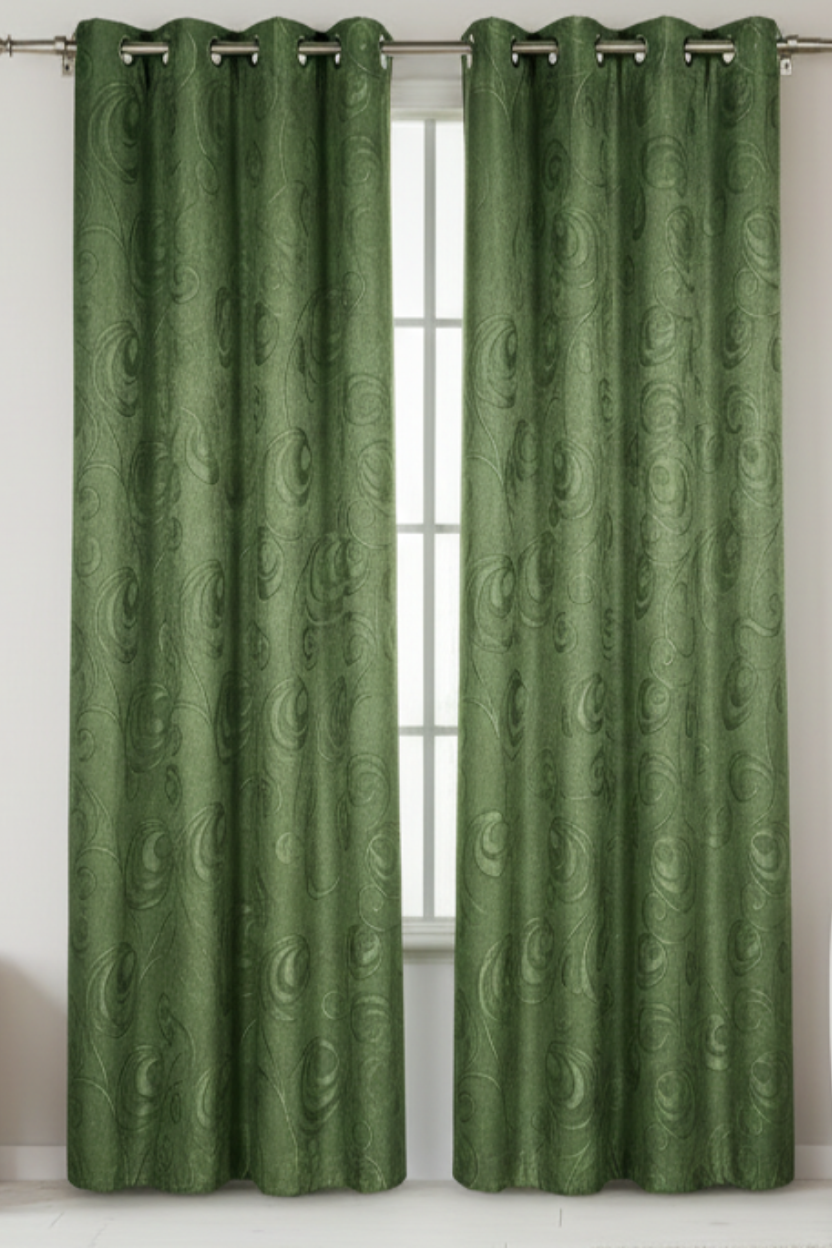DANIELLE - CIRCLE SWIRL Grommet Panel Curtain BLACK OUT GREEN