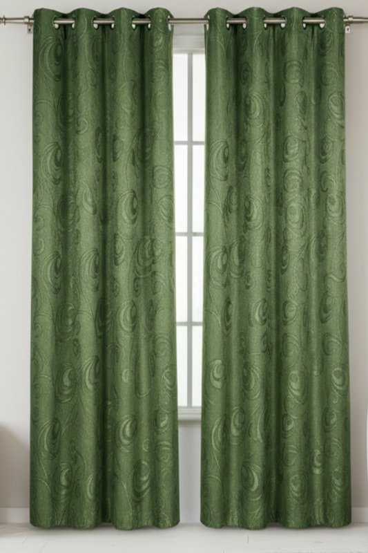 DANIELLE - CIRCLE SWIRL Grommet Panel Curtain BLACK OUT GREEN