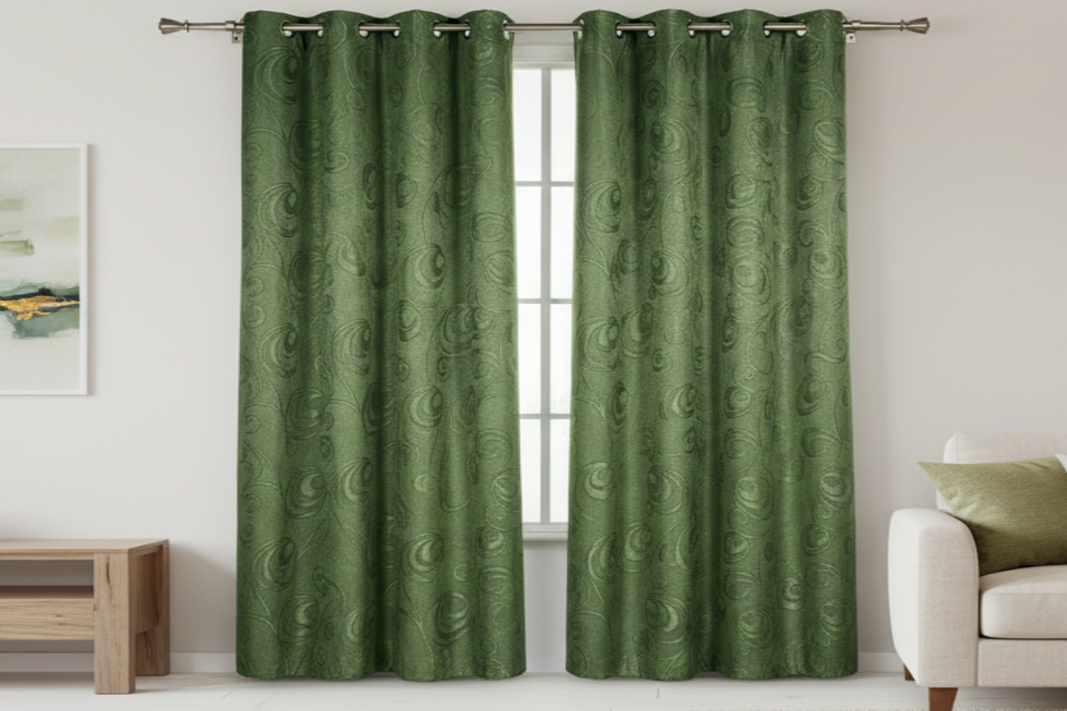 DANIELLE - CIRCLE SWIRL Grommet Panel Curtain BLACK OUT GREEN