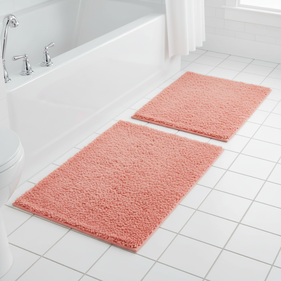 PANDORA  Square  Soft 2 piece bathroom Mats Rug set CORAL