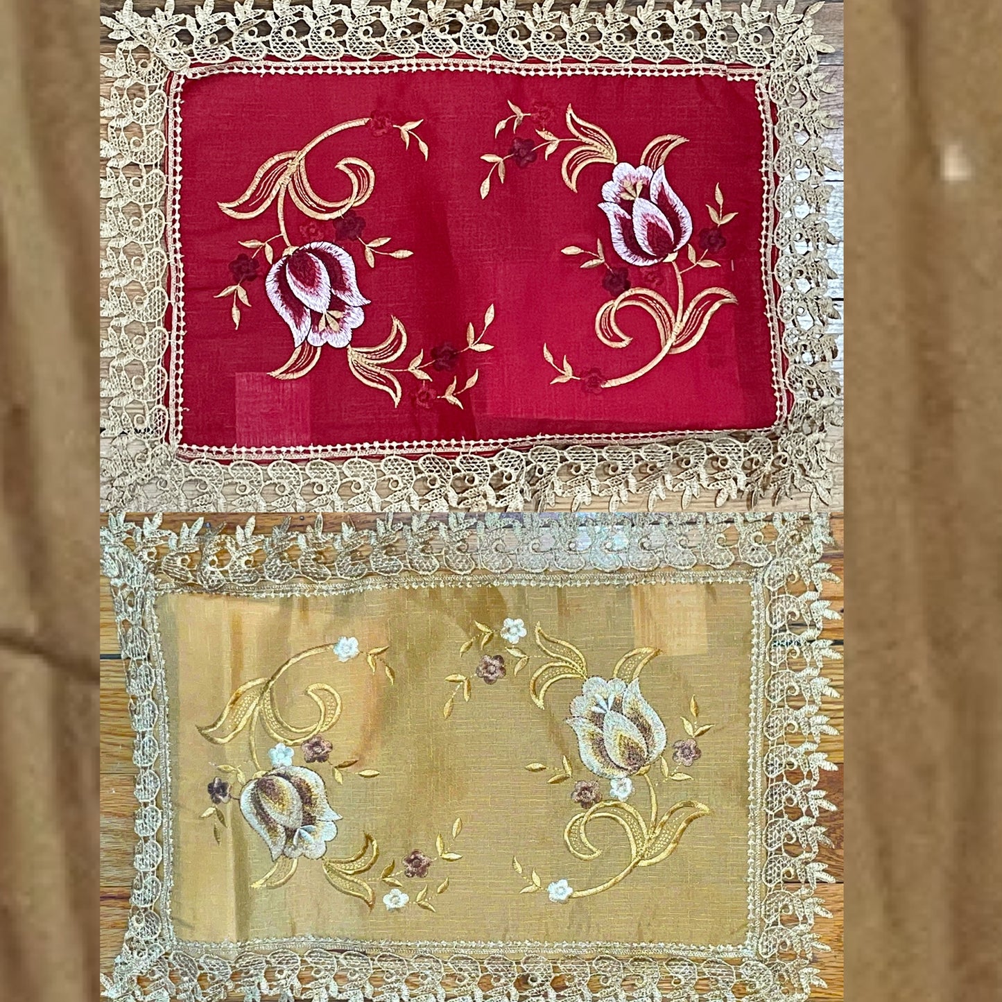 Embroidered floral design Table Runner Doily Red / Gold  TIFFANY