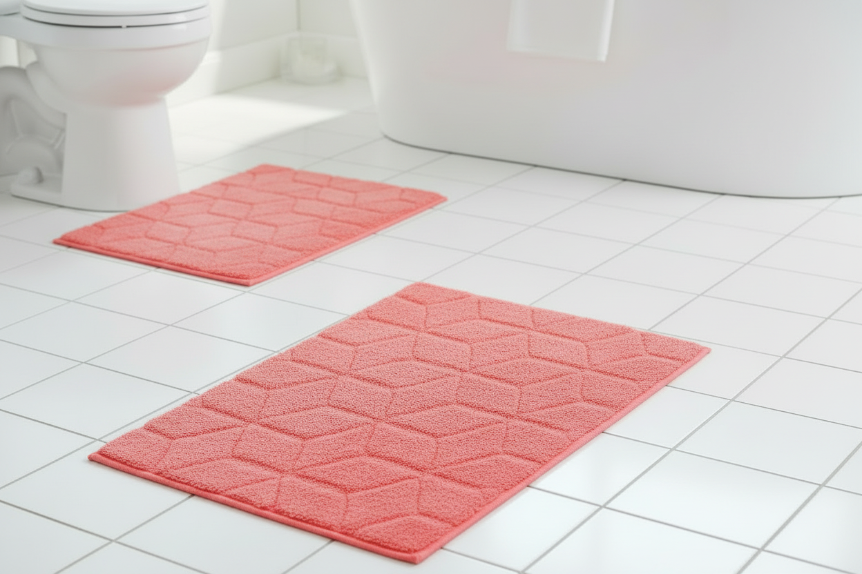 ALLEGRA Square Diamond pattern Soft 2 piece bathroom Mats Rug set Coral