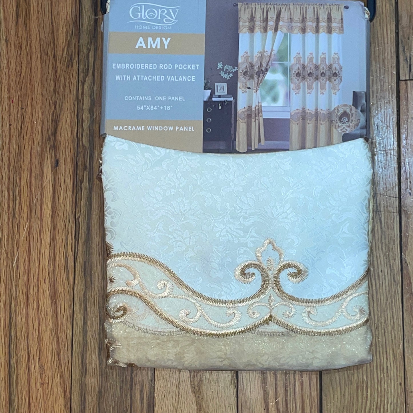 AMY GOLD Macrame jacquard  Pattern Panel Curtain w attached lace valance Gold