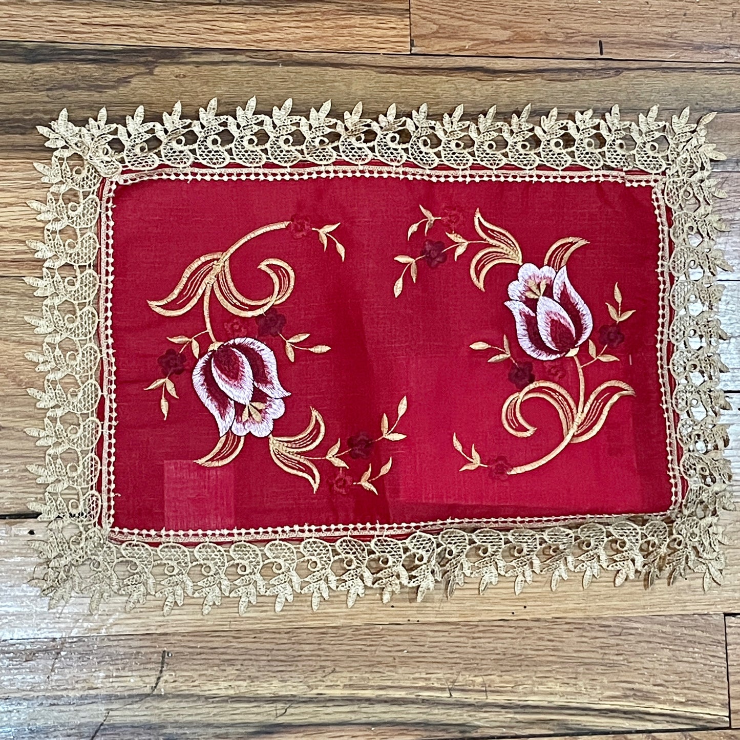 Embroidered floral design Table Runner Doily Red / Gold  TIFFANY