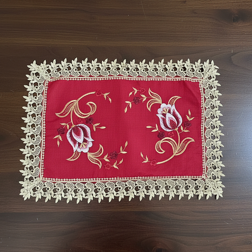 Embroidered floral design Table Runner Doily Red / Gold  TIFFANY
