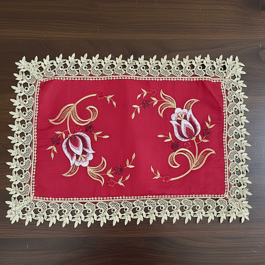Embroidered floral design Table Runner Doily Red / Gold  TIFFANY