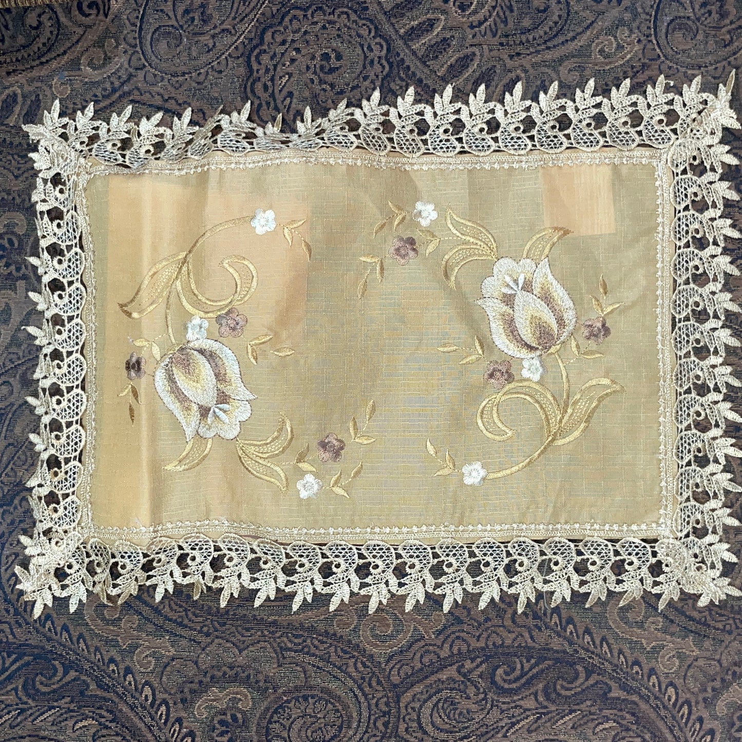 Embroidered floral design Table Runner Doily Red / Gold  TIFFANY