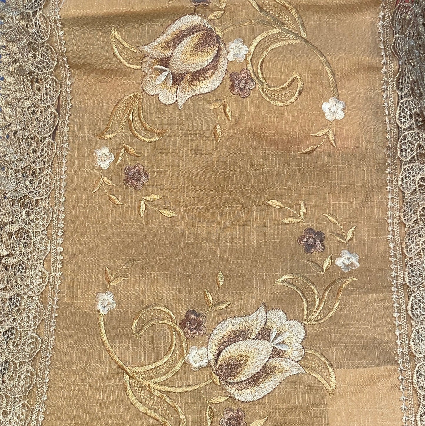Embroidered floral design Table Runner Doily Red / Gold  TIFFANY