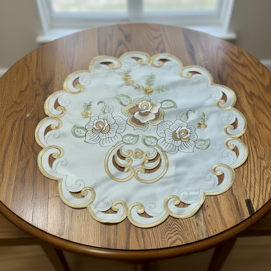 Round Embroidered floral design Table Runner Doilies  16 round  CRYSTAL Beige Gold