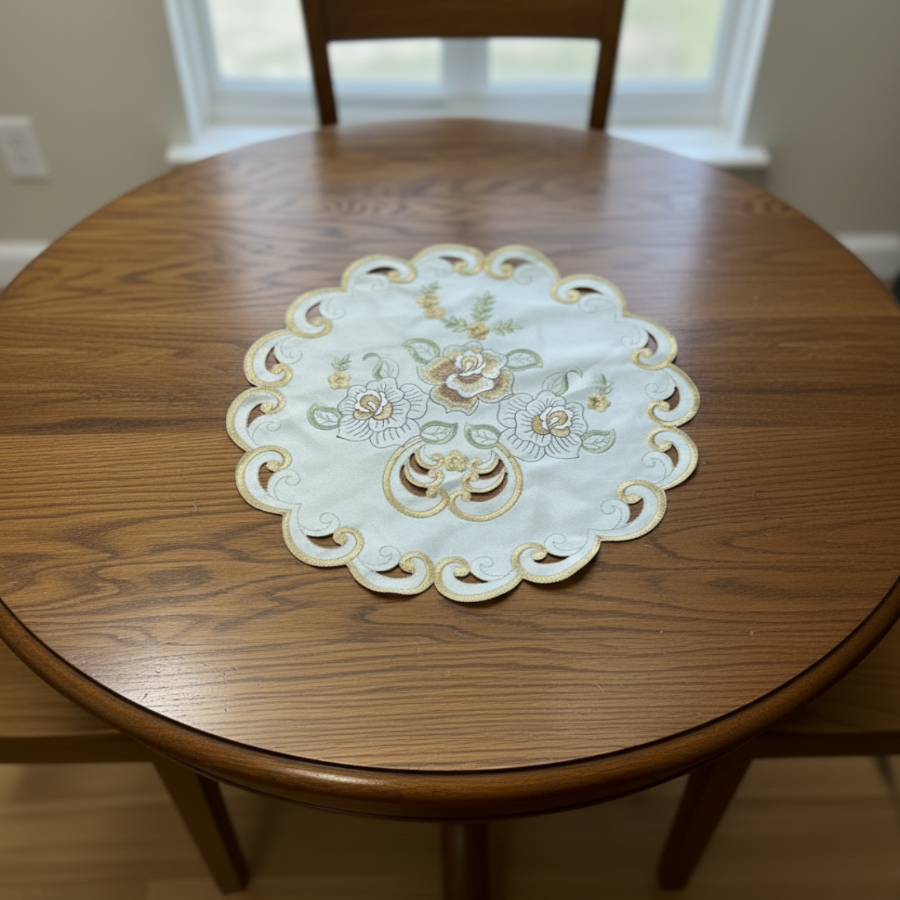 Round Embroidered floral design Table Runner Doilies  16 round  CRYSTAL Beige Gold