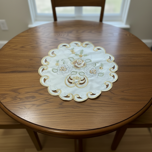 Round Embroidered floral design Table Runner Doilies  16 round  CRYSTAL Beige Gold