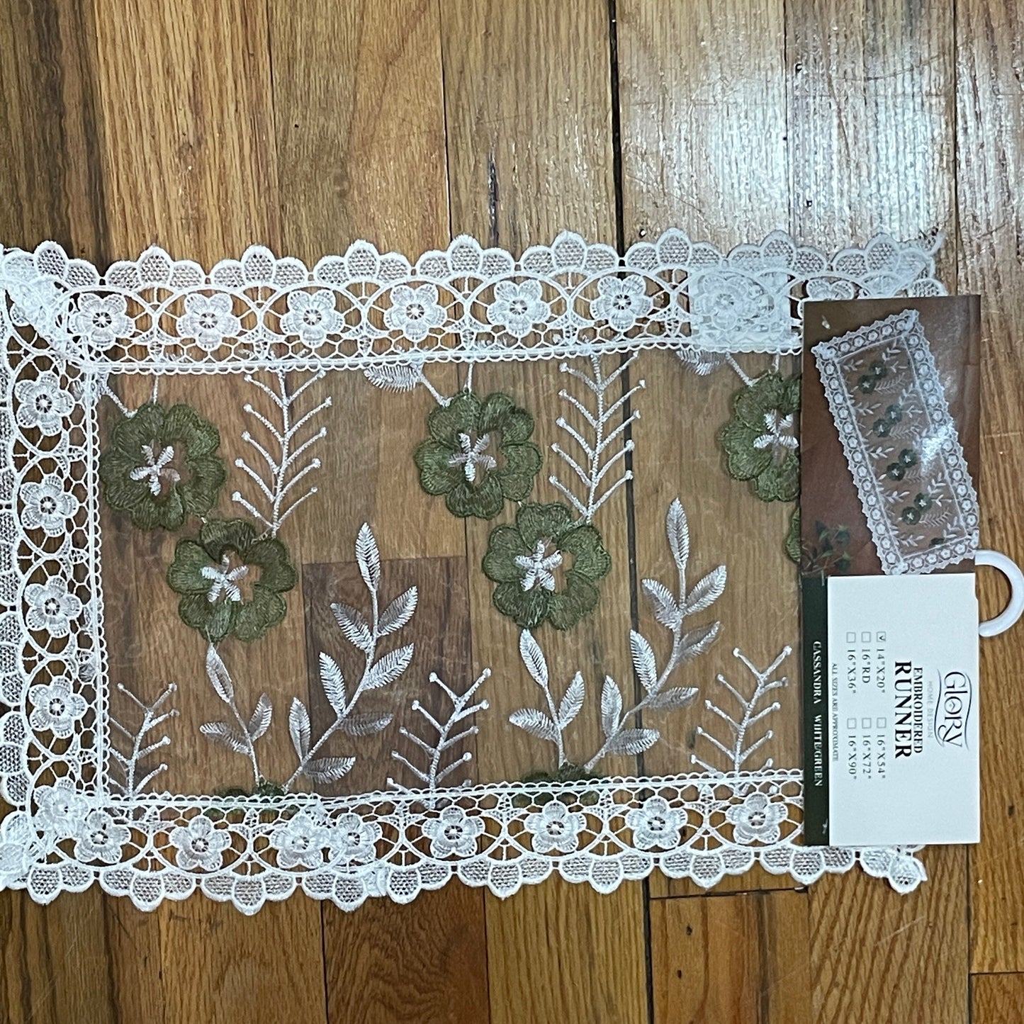 Embroidered floral design Table Runner 14 X 20 Green w White CASSANDRA