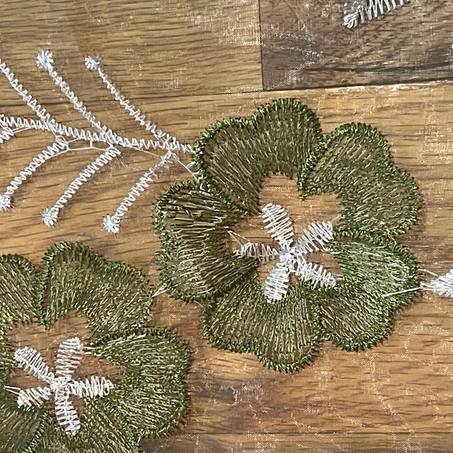 Embroidered floral design Table Runner 14 X 20 Green w White CASSANDRA