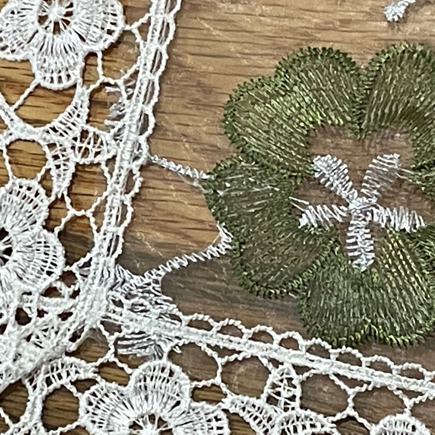 Embroidered floral design Table Runner 14 X 20 Green w White CASSANDRA