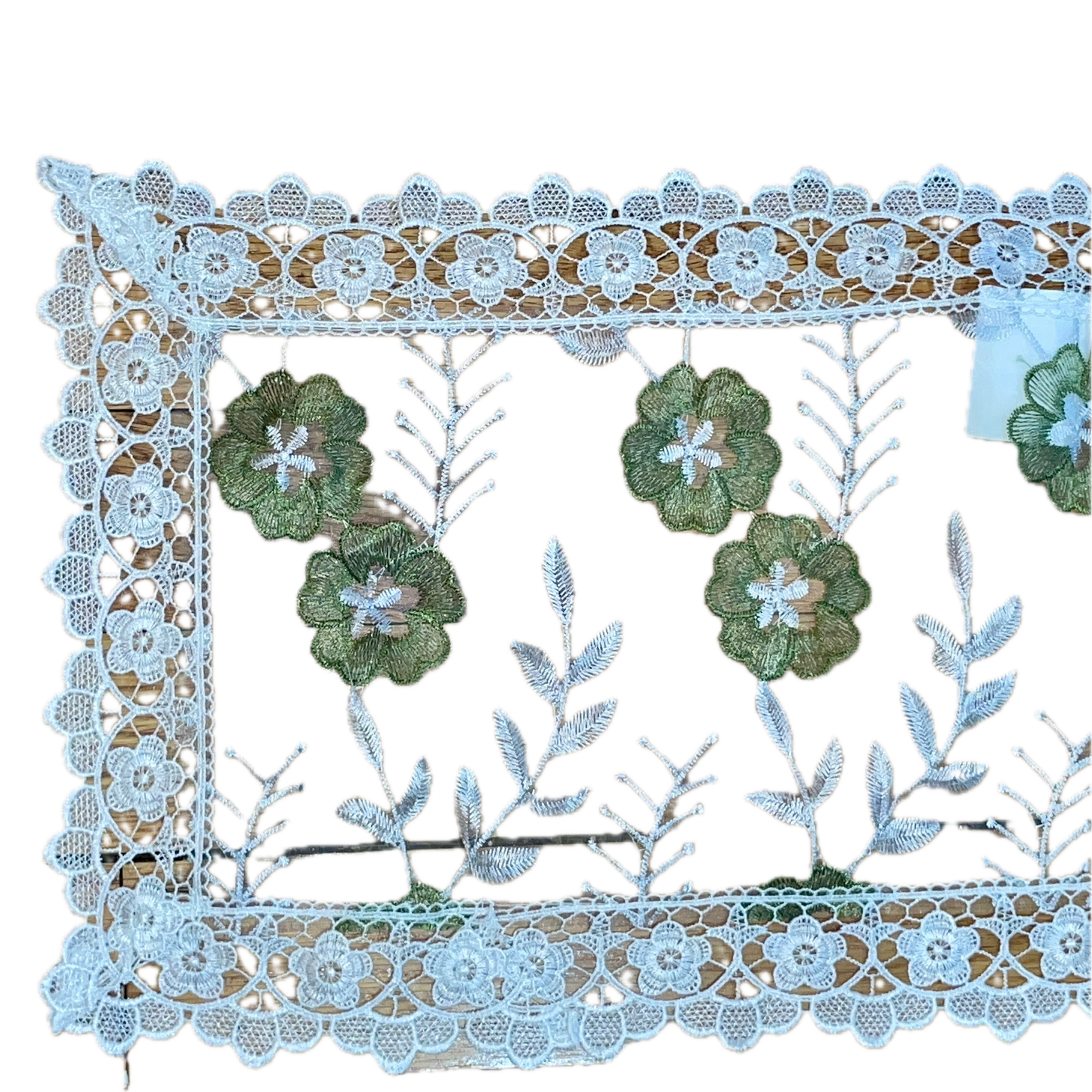 Embroidered floral design Table Runner 14 X 20 Green w White CASSANDRA