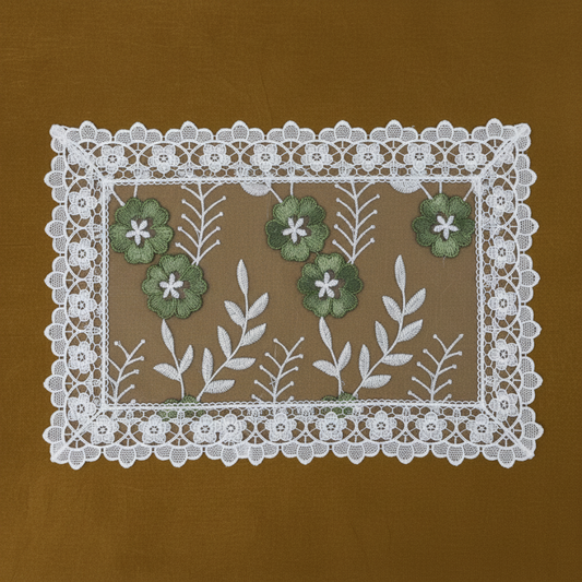 Embroidered floral design Table Runner 14 X 20 Green w White CASSANDRA