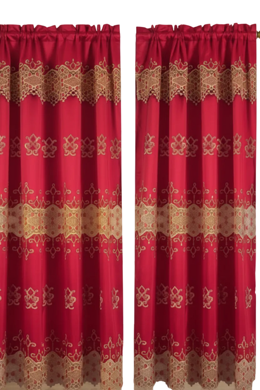 JENNY RED  Floral flowers Pattern Panel Curtain w attached lace valance Red Gold