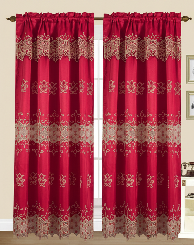 JENNY RED  Floral flowers Pattern Panel Curtain w attached lace valance Red Gold