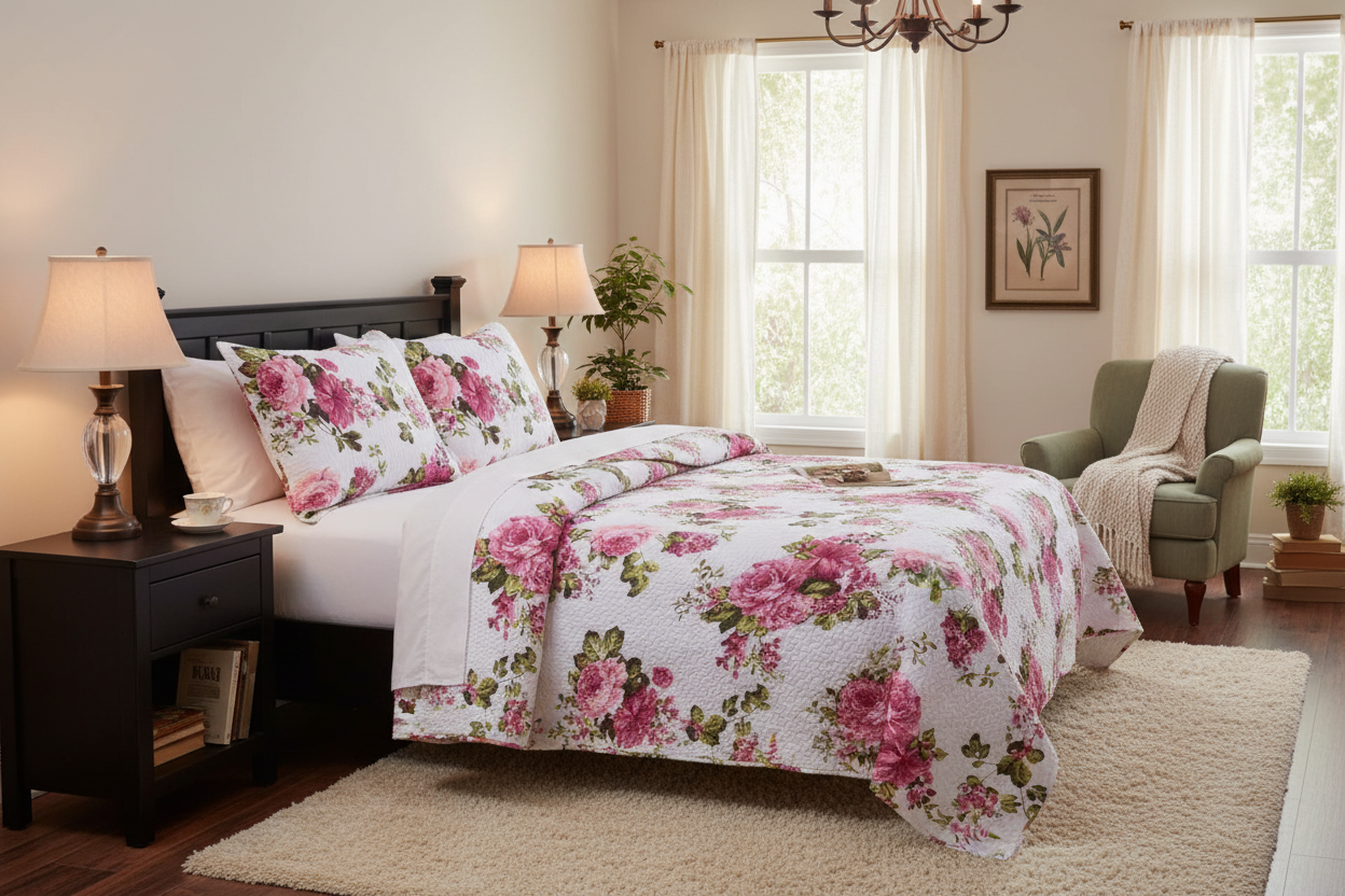 3 Piece Quilt Set pink Fuchsia Floral Flowers QUEEN New!