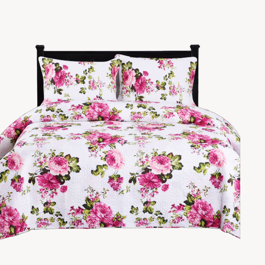 3 Piece Quilt Set pink Fuchsia Floral Flowers QUEEN New!