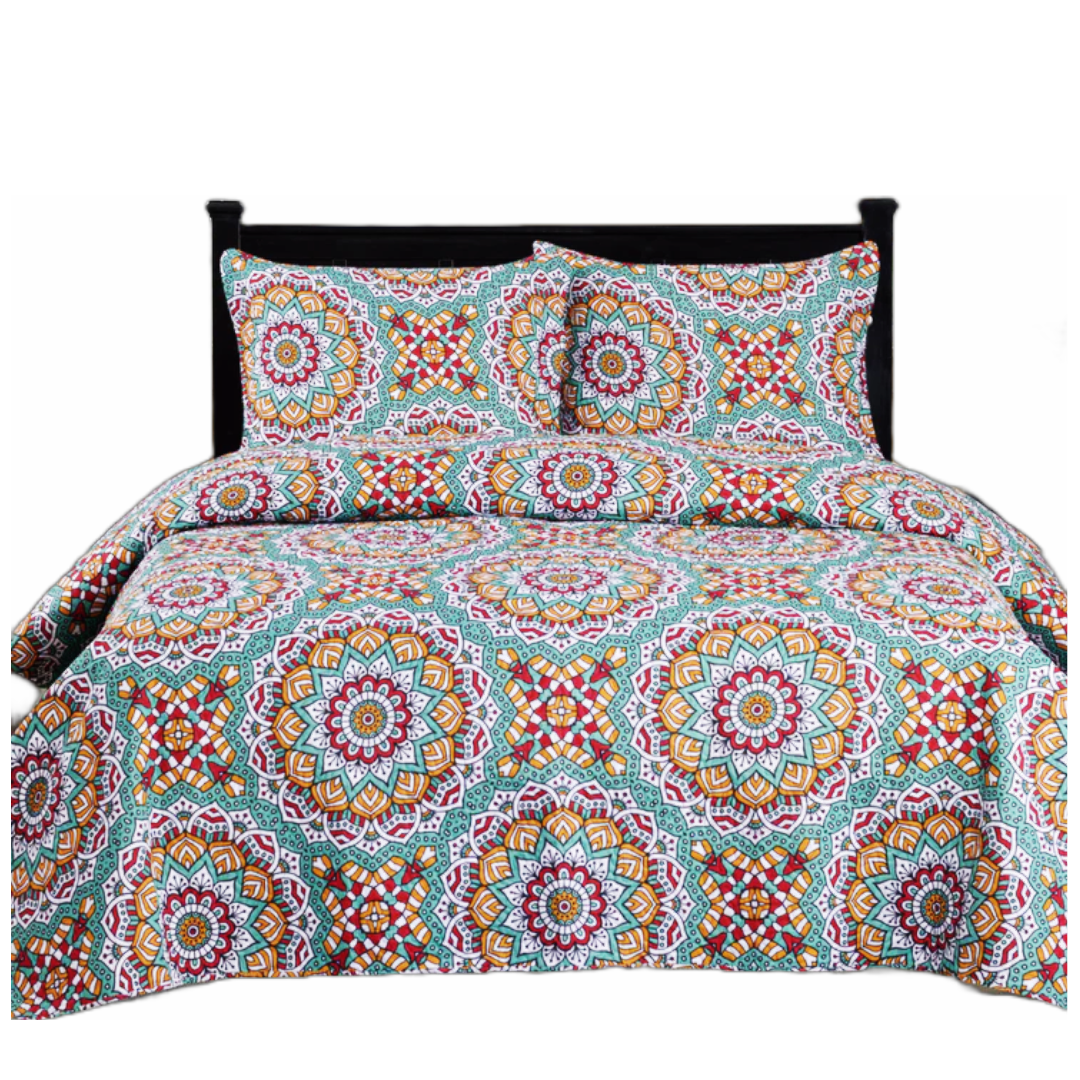 GT CHECK 3 Piece Quilt Set Medallion Pattern Print Green  KING