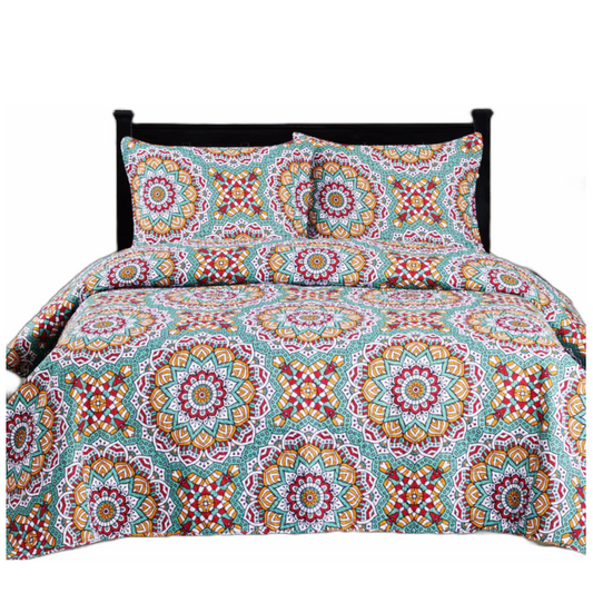 GT CHECK 3 Piece Quilt Set Medallion Pattern Print Green  KING