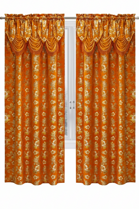 BETHENNY ORANGE Jacquard Curtain Panel with attached Tassel Valance