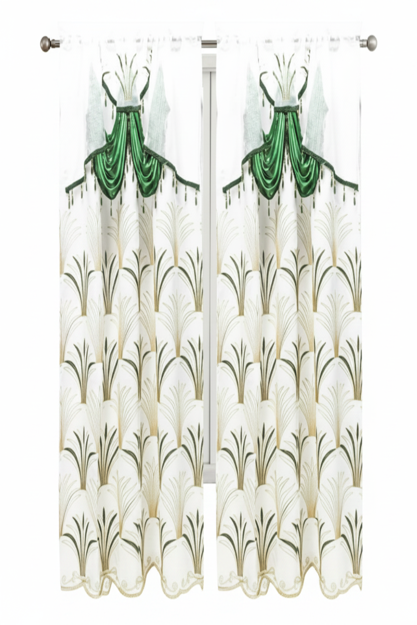 HAYDEN GREEN beaded Curtain with Beaded Valance White w Green