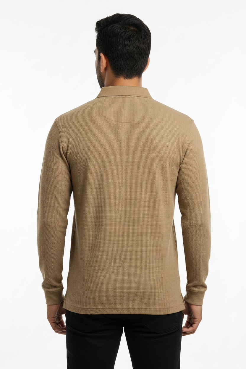 Men's Long Sleeve Polo Cotton  Dress Shirt Tan