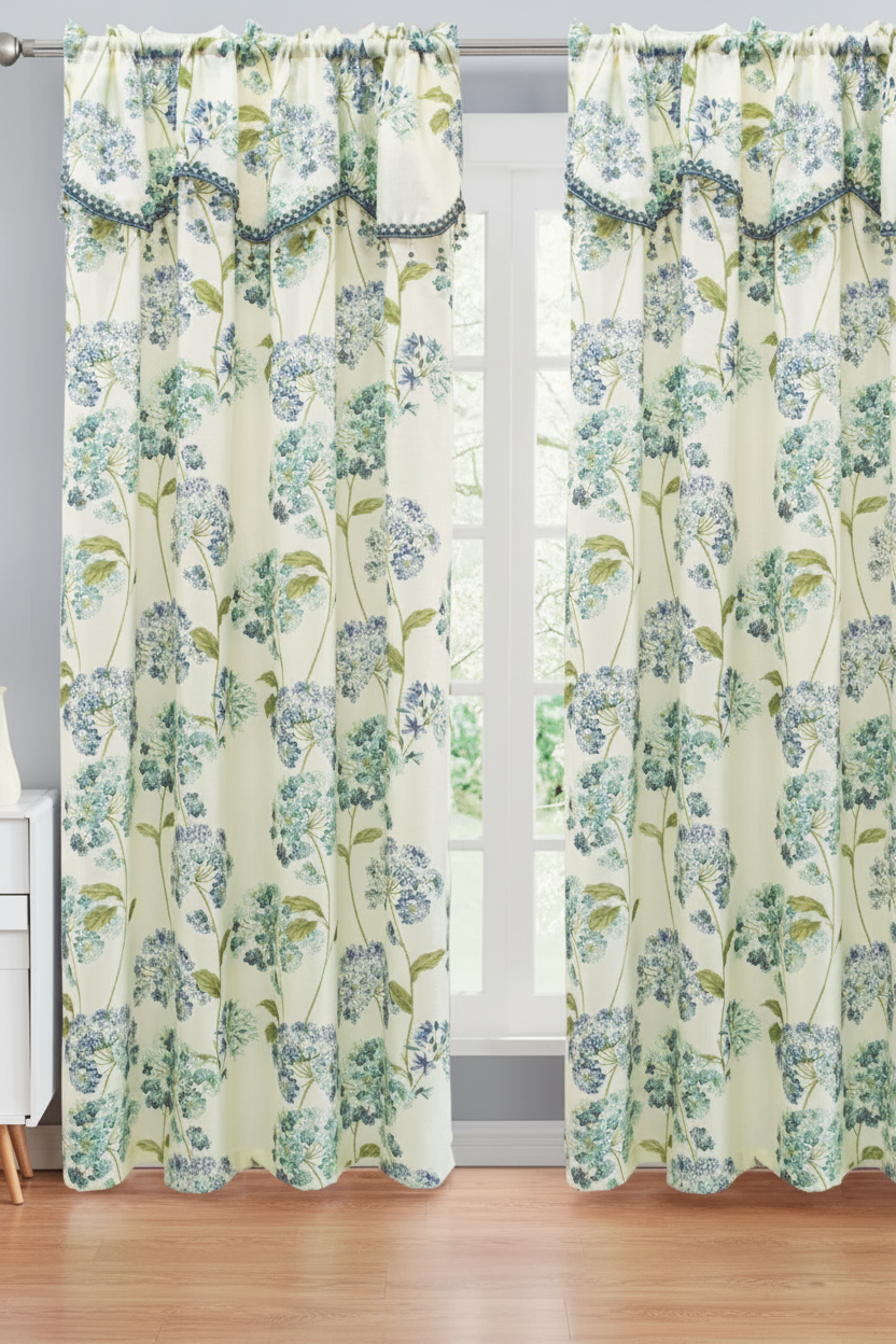 REGINA Print Crepe Rod Pocket Panel with Attached Valance BLUE