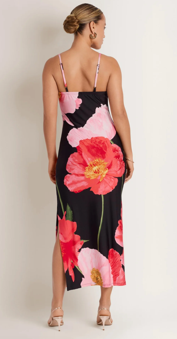 Women's Large Flower Poppies Slit Slide Midi Dress