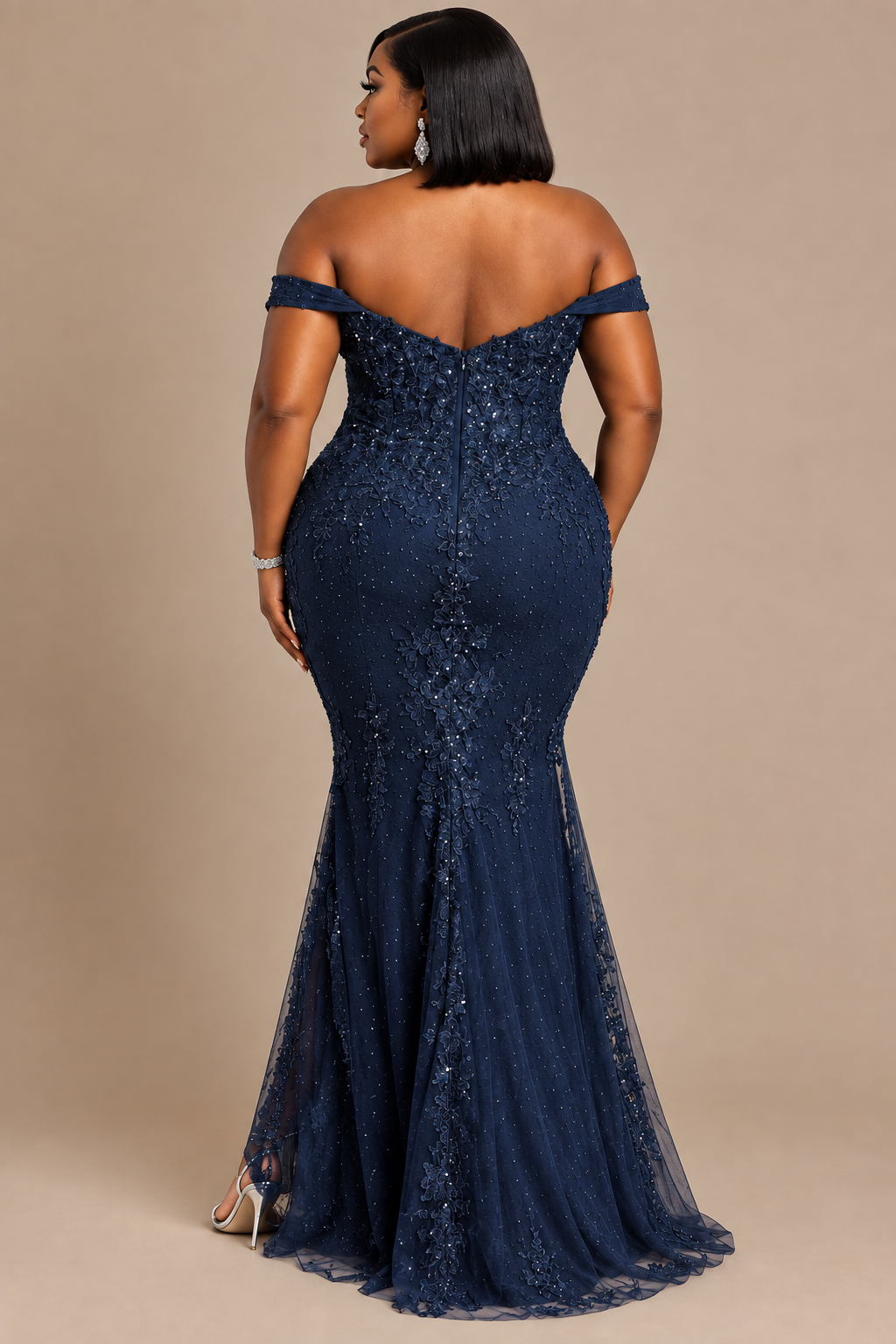 Women's  PLUS Off theShoulder Beaded Applique Mermaid Dress Gown Blue