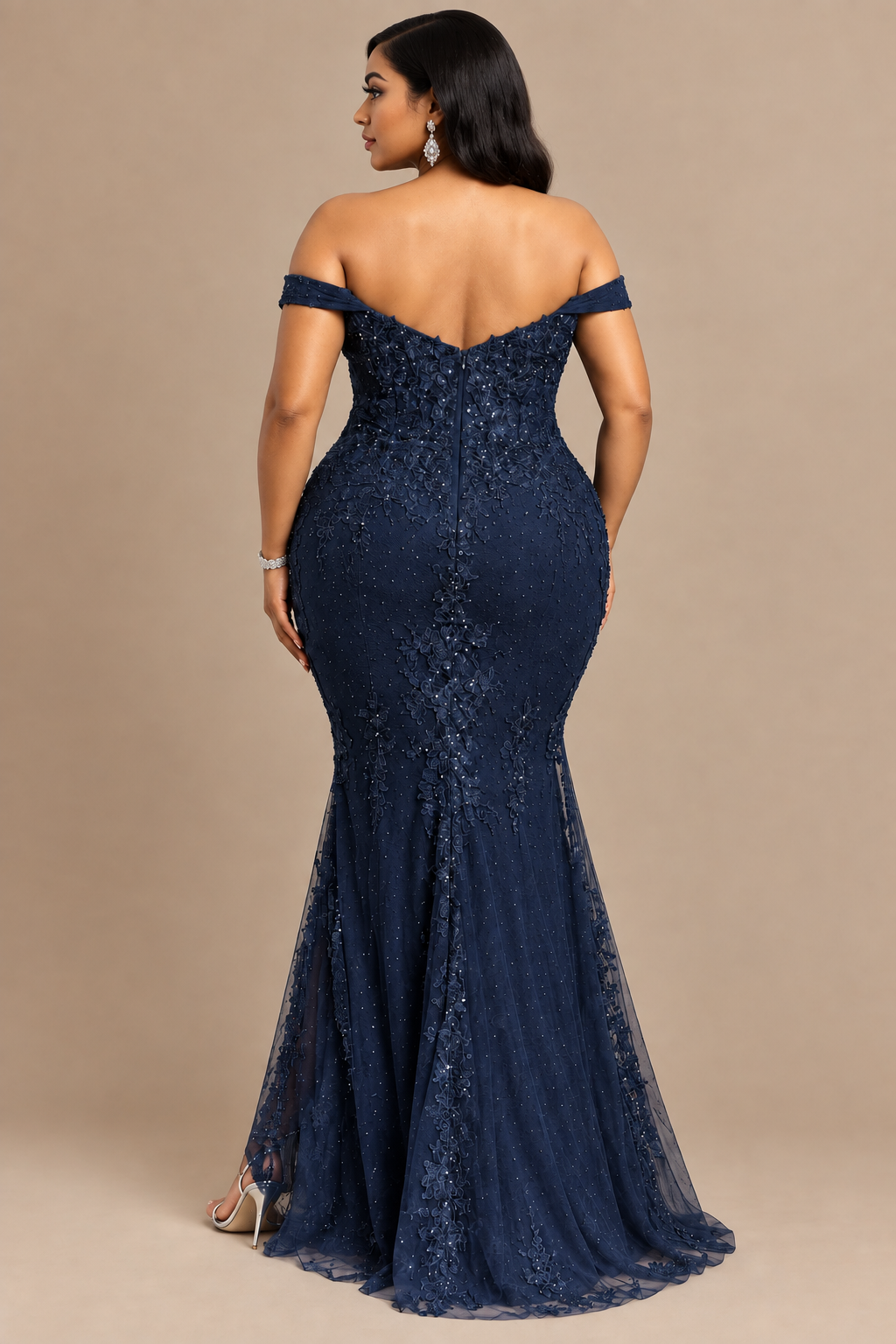 Women's  PLUS Off theShoulder Beaded Applique Mermaid Dress Gown Blue