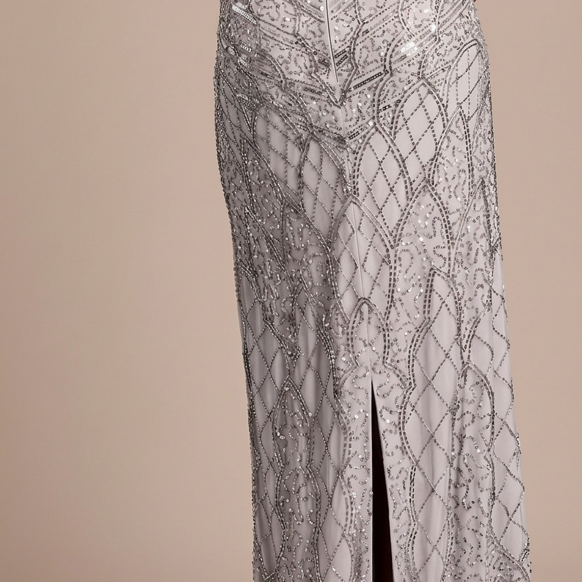 Women's  Silver Heavy Open Back Beaded Straight Neck Sheath Evening Gown Dress Silver