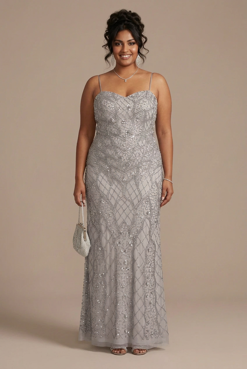 Women's  Silver Heavy Open Back Beaded Straight Neck Sheath Evening Gown Dress Silver