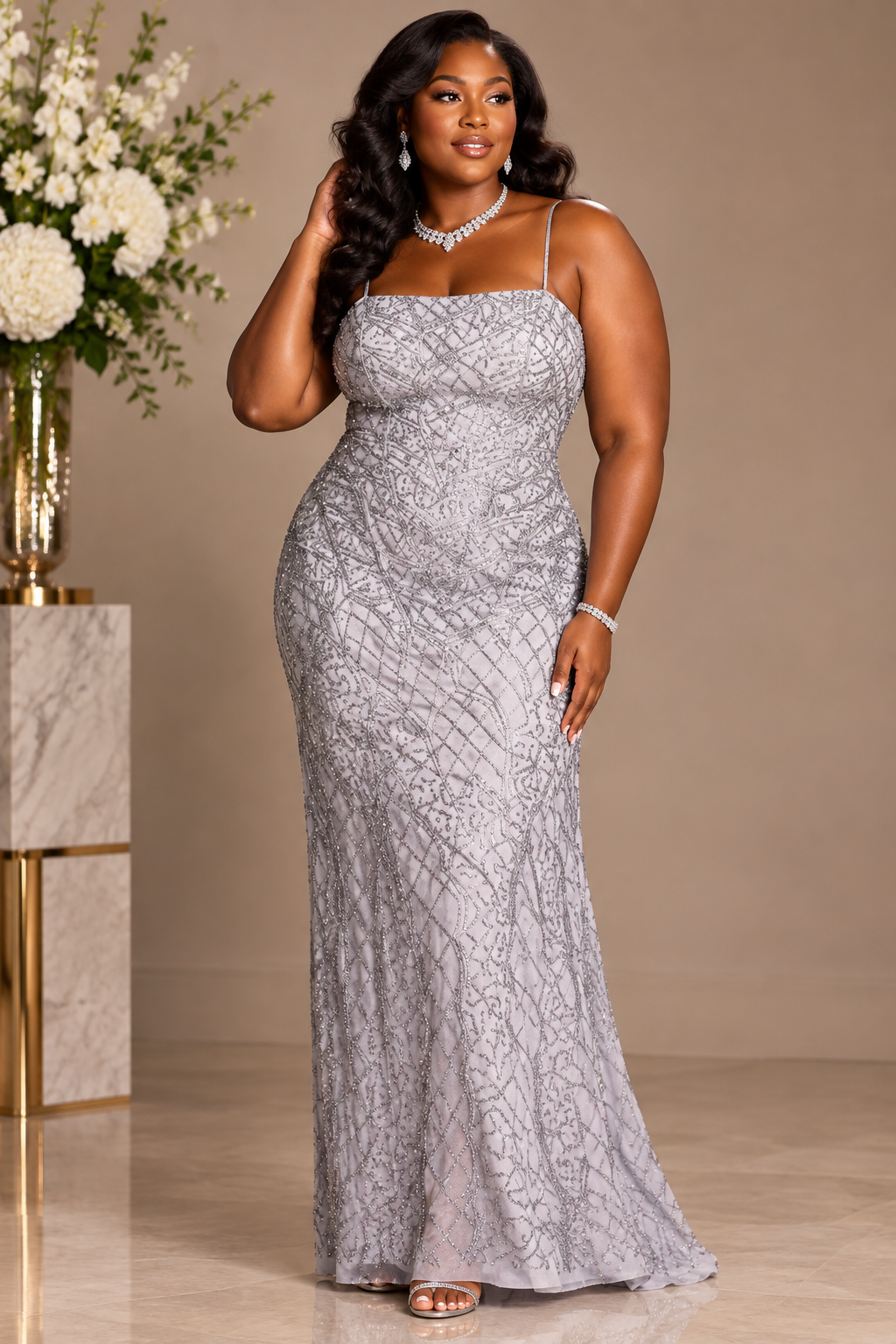 Women's  Silver Heavy Open Back Beaded Straight Neck Sheath Evening Gown Dress Silver