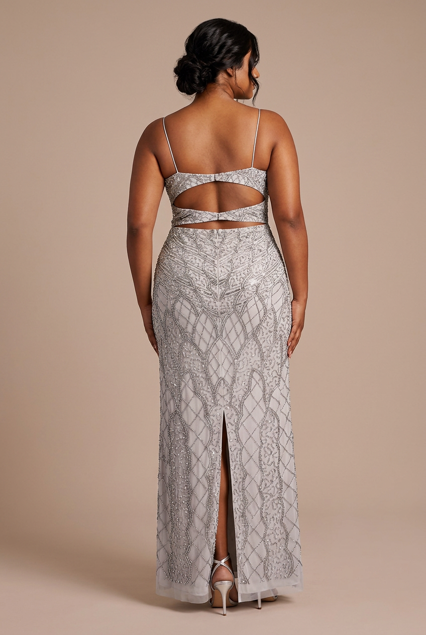 Women's  Silver Heavy Open Back Beaded Straight Neck Sheath Evening Gown Dress Silver