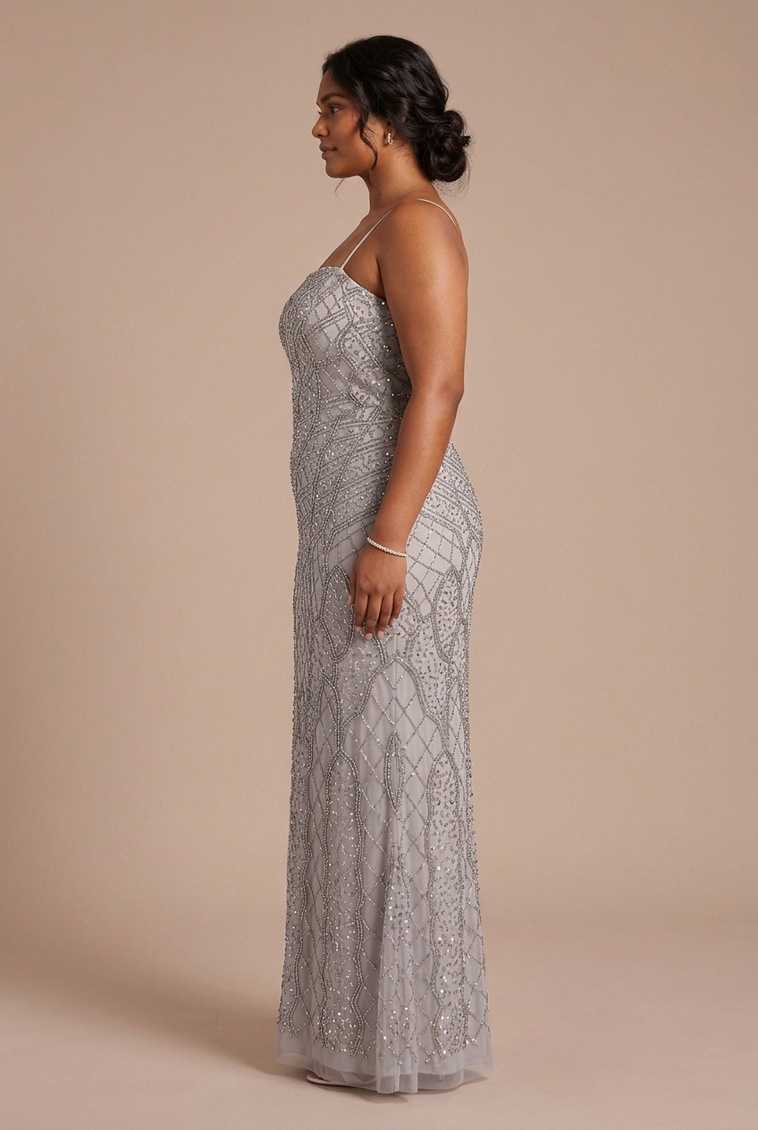 Women's  Silver Heavy Open Back Beaded Straight Neck Sheath Evening Gown Dress Silver