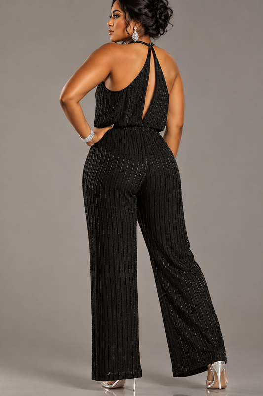 Women's PLUS Sexy open back beaded shimmer jumpsuit BLACK